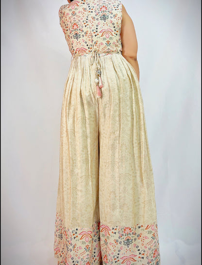 Elegant Cream Cotton Linen Jumpsuit with a matching waist belt - Femantraa