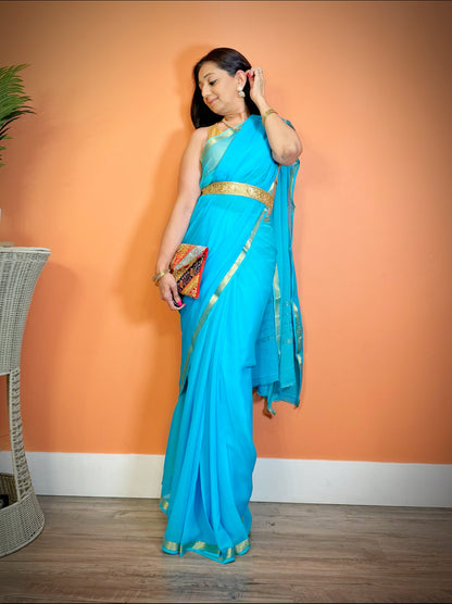 Ombre Shaded Plain Chiffon Saree with golden thread (zari) Border - Femantraa