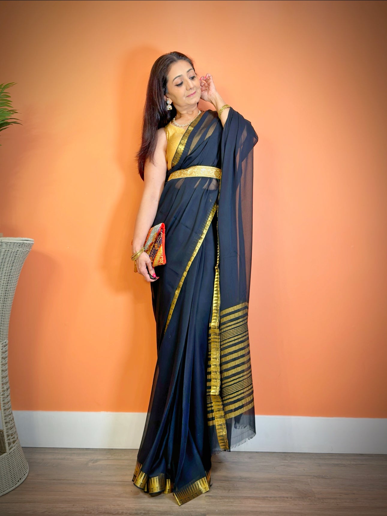 Chic Minimalism: Semi-Chiffon Plain Saree with Gold border - Femantraa