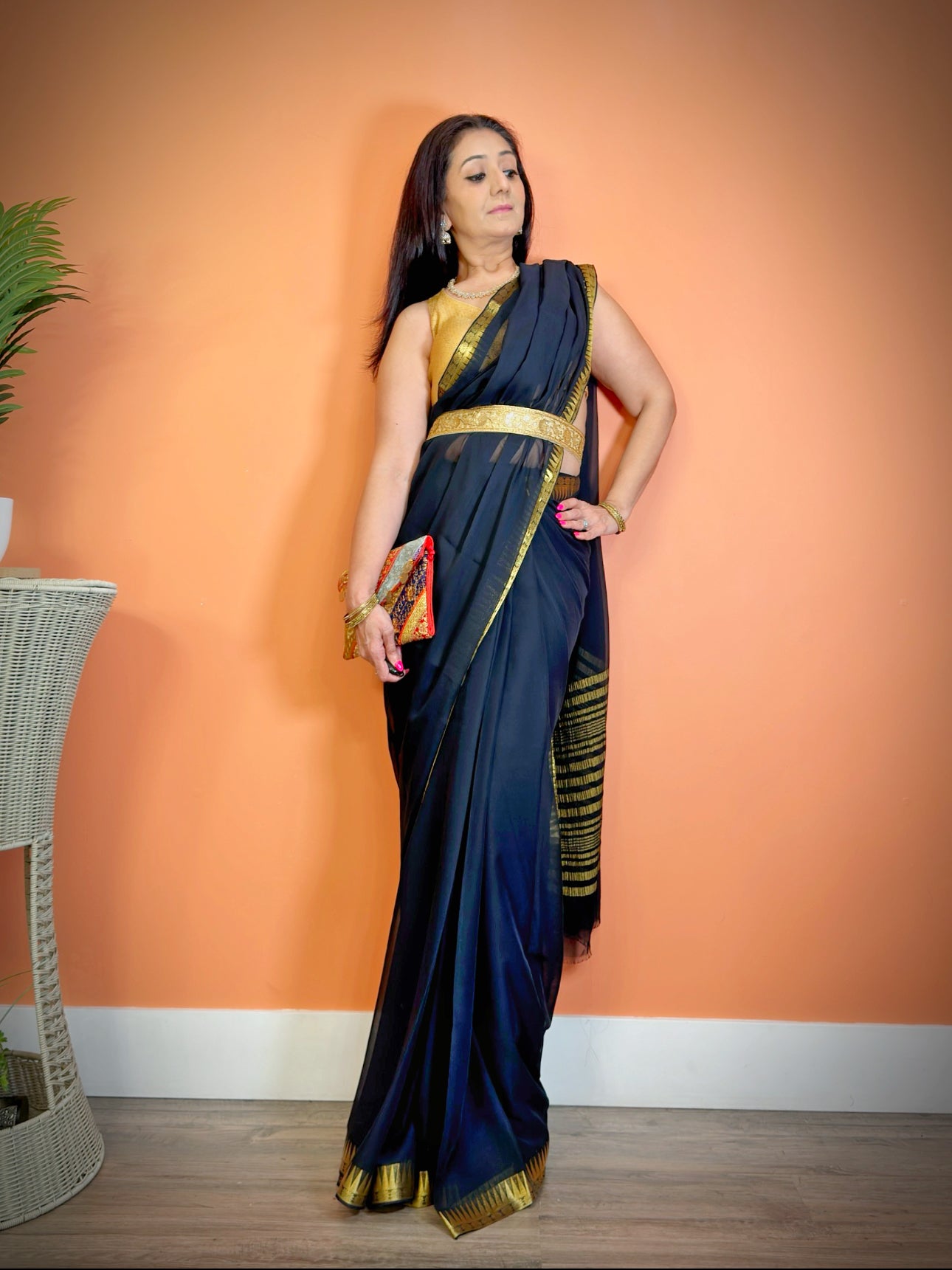 Chic Minimalism: Semi-Chiffon Plain Saree with Gold border - Femantraa