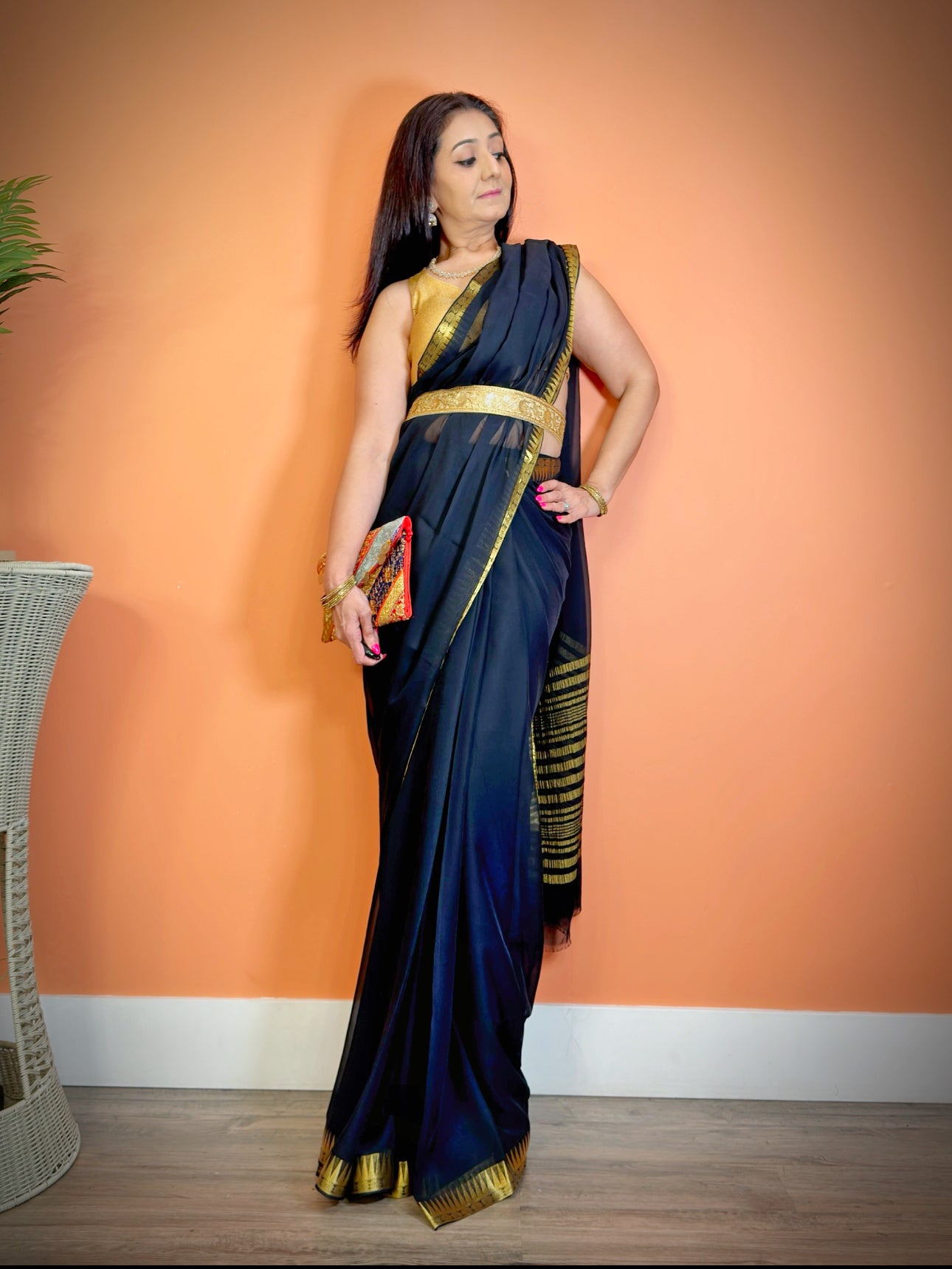 Chic Minimalism: Semi-Chiffon Plain Saree with Gold border - Femantraa