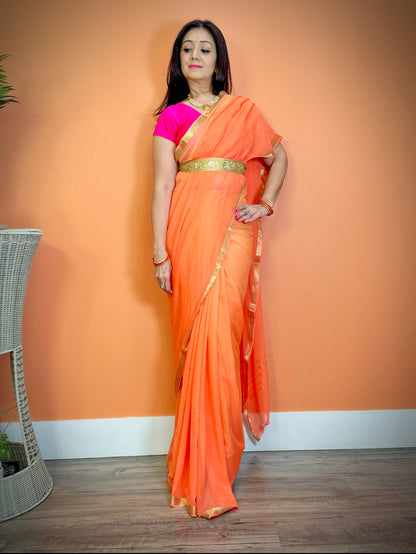 Ombre Shaded Plain Chiffon Saree with golden thread (zari) Border - Femantraa