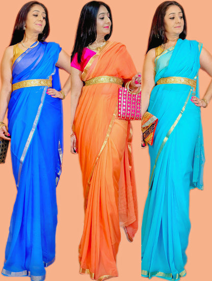 Ombre Shaded Plain Chiffon Saree with golden thread (zari) Border - Femantraa