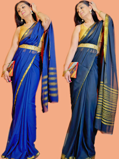 Chic Minimalism: Semi-Chiffon Plain Saree with Gold border - Femantraa