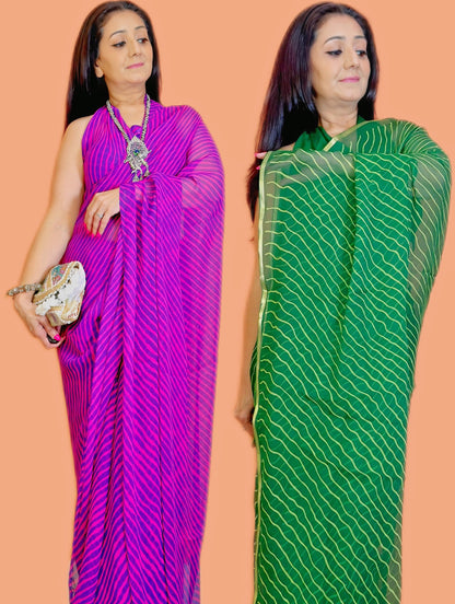 Dual Shaded Leheriya Chiffon Saree: A Symphony of Colors - Femantraa