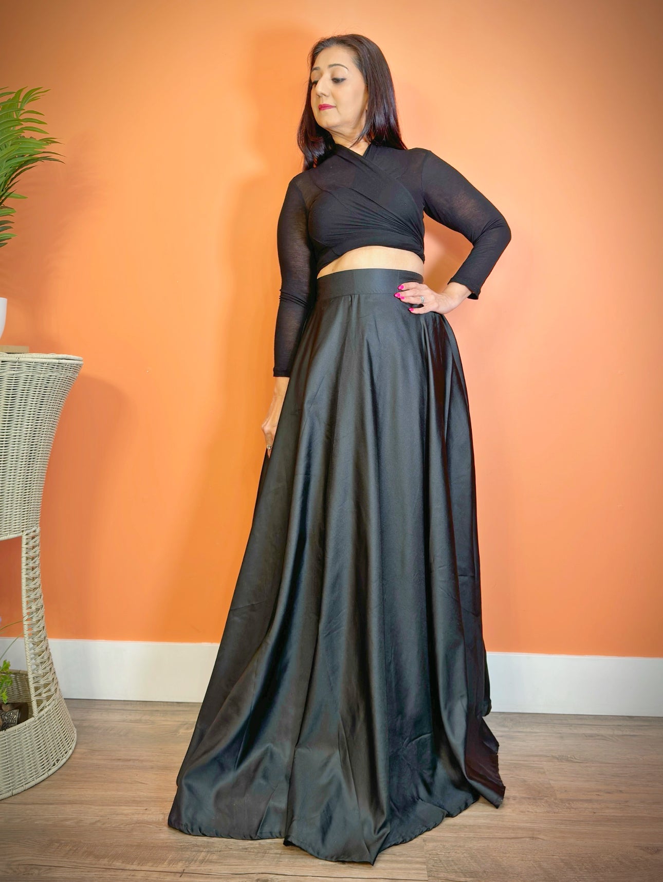 Long Black Silk Maxi Flared Skirt - Femantraa