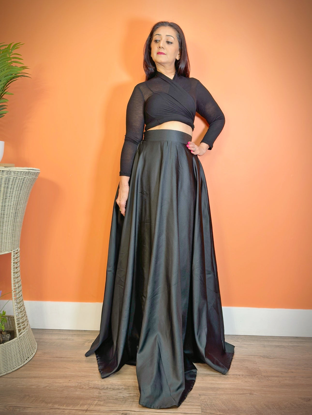 Long Black Silk Maxi Flared Skirt - Femantraa