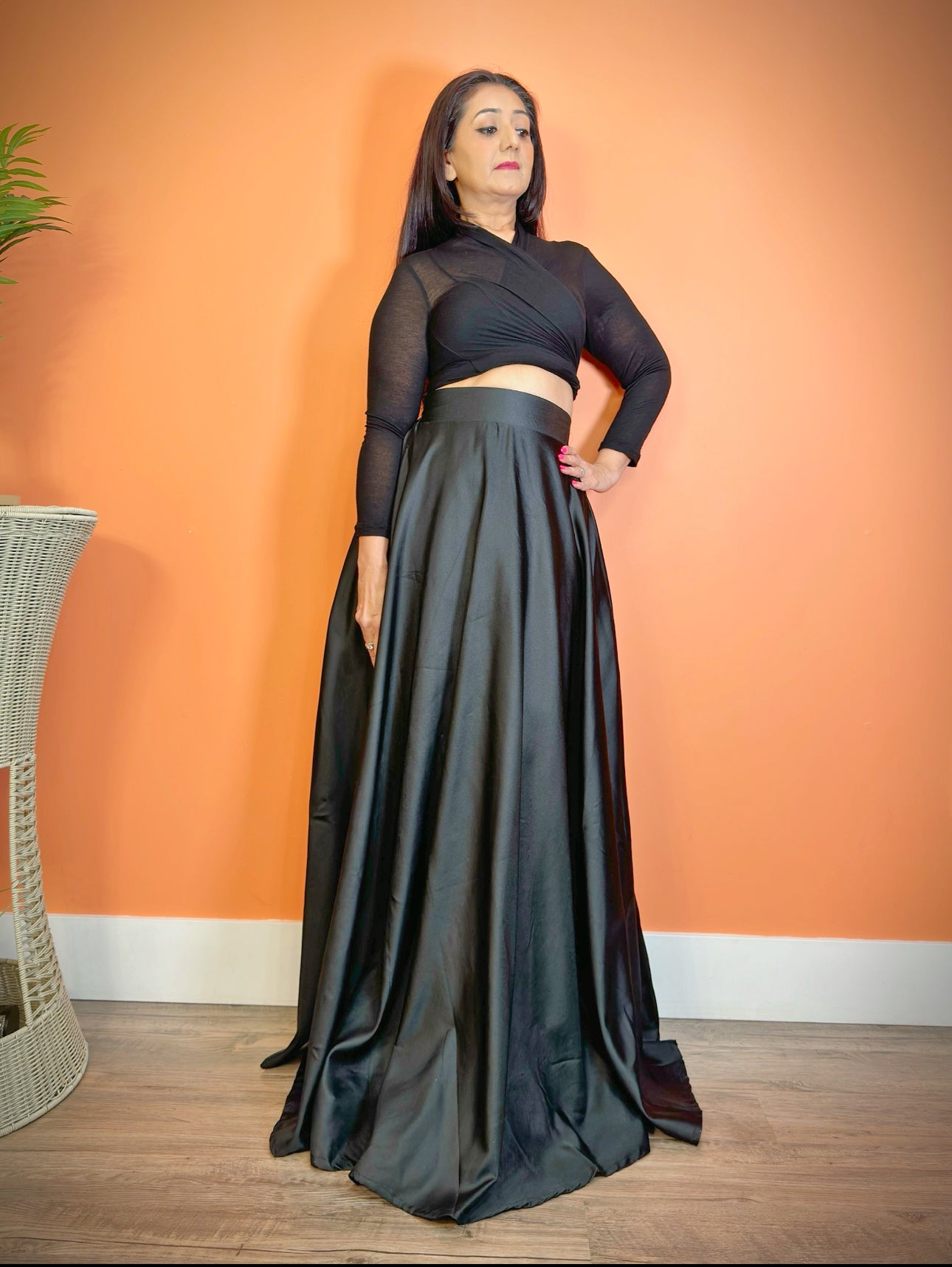 Long Black Silk Maxi Flared Skirt - Femantraa