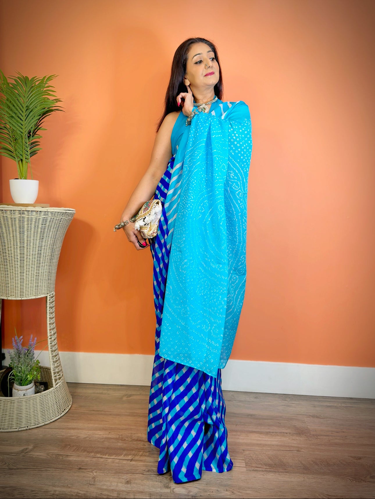 Blue Hues Double Leheriya Pure Chiffon Saree with Bandhej Pallu - Femantraa