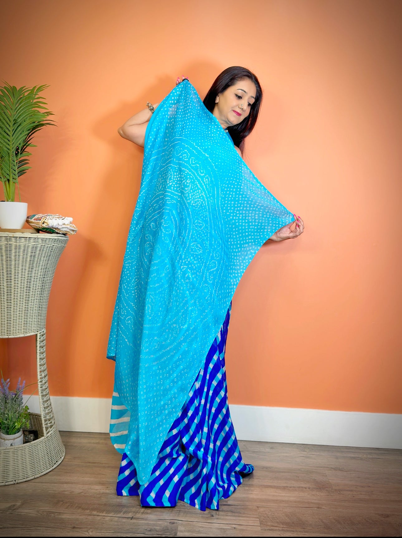 Blue Hues Double Leheriya Pure Chiffon Saree with Bandhej Pallu - Femantraa