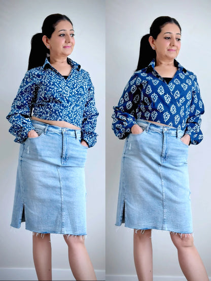 Boho Chic: Mulmul Cotton Handblock Wrap Around Crop Top - Indigo dye - Femantraa