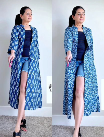 Bohemian Chic: Cotton Mulmul Handblock Indigo Shrugs with Slits - Femantraa