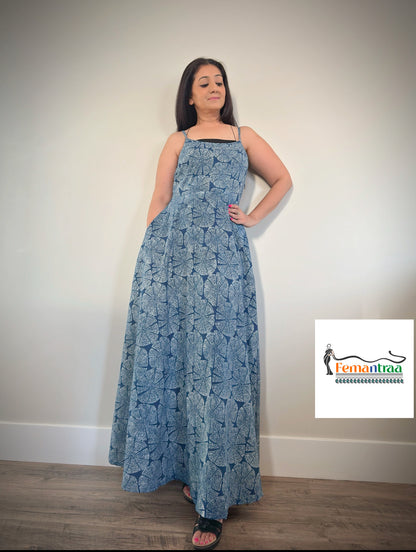 Boho chic : Cotton handblock printed fit n flare summer maxi dress - Femantraa