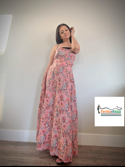 Boho chic : Cotton handblock printed fit n flare summer maxi dress - Femantraa