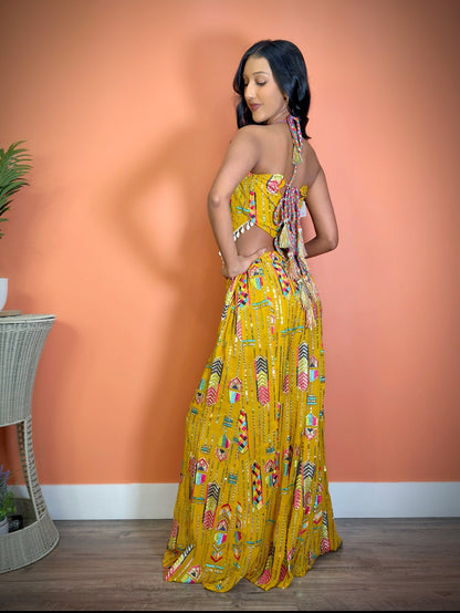 Ravishing Mustard Coordinated backless palazzo set - Femantraa