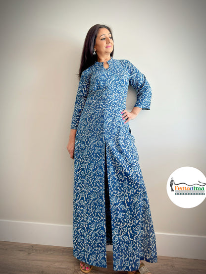 Boho Chic Elegance: Front Zipper Mulmul Handblock Tunic Kurti - Femantraa