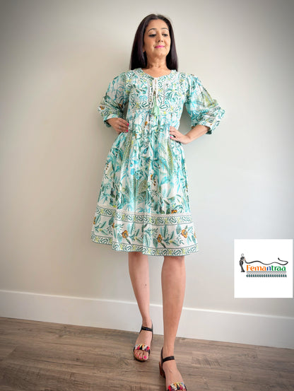 Bohemian Breeze: Cotton Handblock Print Fit & Flare Dress - Femantraa