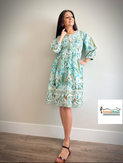 Bohemian Breeze: Cotton Handblock Print Fit & Flare Dress - Femantraa