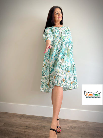 Bohemian Breeze: Cotton Handblock Print Fit & Flare Dress - Femantraa