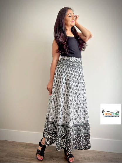 Bohemian Dream: Jaipuri Printed Wrap Around Skirts-Black's - Femantraa