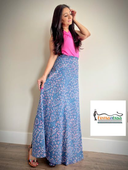 Bohemian Flair: Mulmul Cotton Handblock Wrap Around Flare Long Skirts - Femantraa