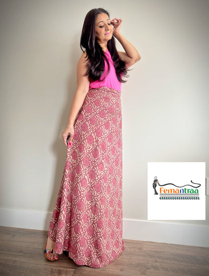 Bohemian Flair: Mulmul Cotton Handblock Wrap Around Flare Long Skirts - Femantraa