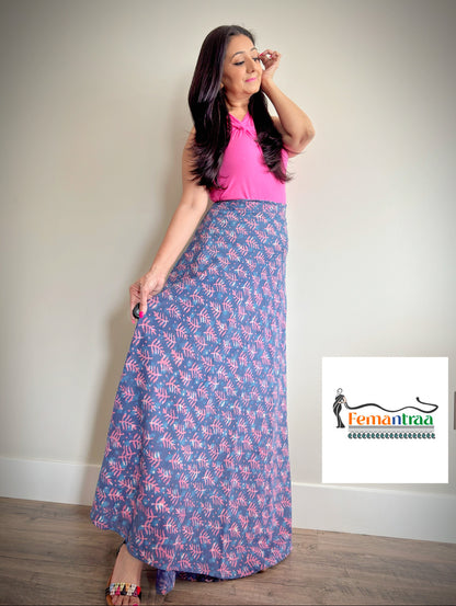 Bohemian Flair: Mulmul Cotton Handblock Wrap Around Flare Long Skirts - Femantraa