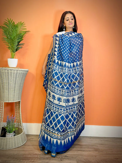 Ethnic Elegance:Indigo Blue Chanderi Cotton Handblock Print Saree - Femantraa