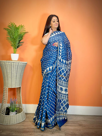 Ethnic Elegance:Indigo Blue Chanderi Cotton Handblock Print Saree - Femantraa