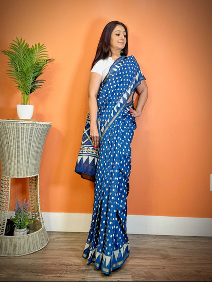 Ethnic Elegance:Indigo Blue Chanderi Cotton Handblock Print Saree - Femantraa