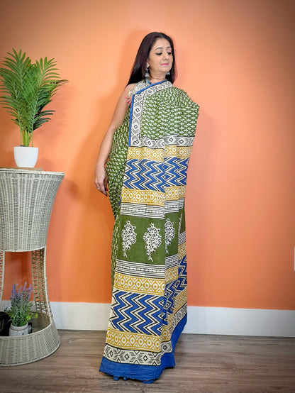 Ethnic Elegance:Mulmul Cotton Handblock Dabu Print Saree - Femantraa