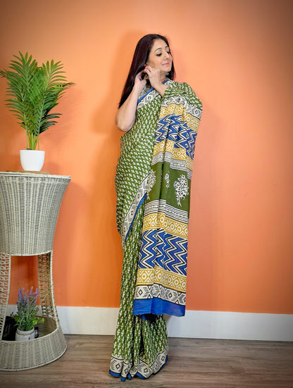 Ethnic Elegance:Mulmul Cotton Handblock Dabu Print Saree - Femantraa