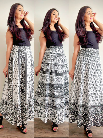 Bohemian Dream: Jaipuri Printed Wrap Around Skirts-Black's - Femantraa