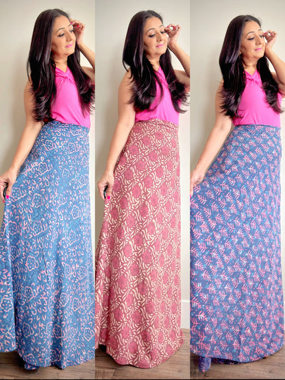 Bohemian Flair: Mulmul Cotton Handblock Wrap Around Flare Long Skirts - Femantraa