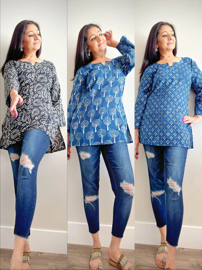 Boho Chic: Mulmul Cotton Handblock Print Short Tunic Kurtis - Femantraa