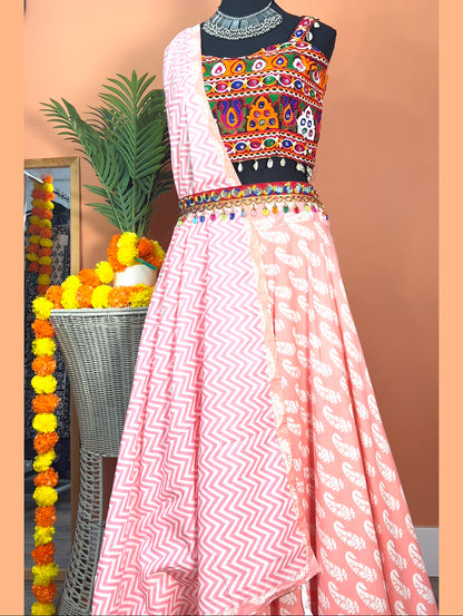 Handblock prints cotton Chaniya with Kutch Mirror Work Choli & matching Dupatta - Femantraa