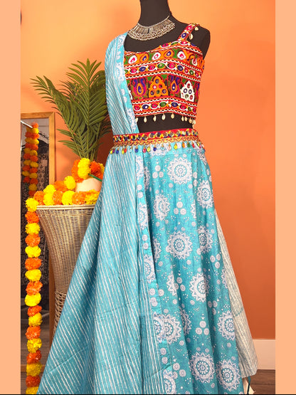 Handblock prints cotton Chaniya with Kutch Mirror Work Choli & matching Dupatta - Femantraa