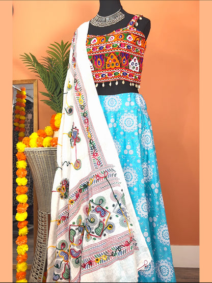 Handblock prints cotton Chaniya with Kutch Mirror Work Choli & matching Dupatta - Femantraa