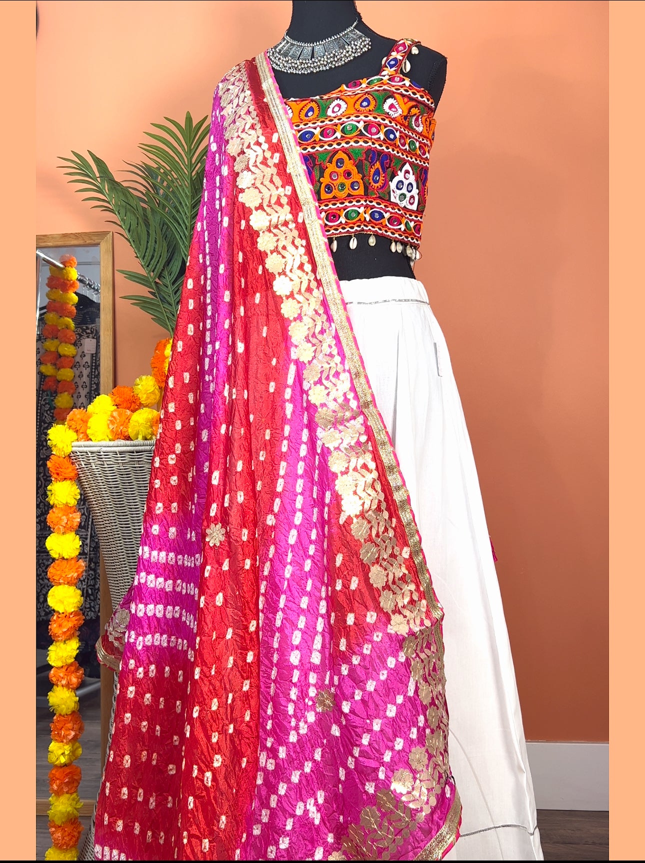 White Chaniya with Heavy Kutch Mirror Work Choli and Jaipuri Dupatta - Femantraa