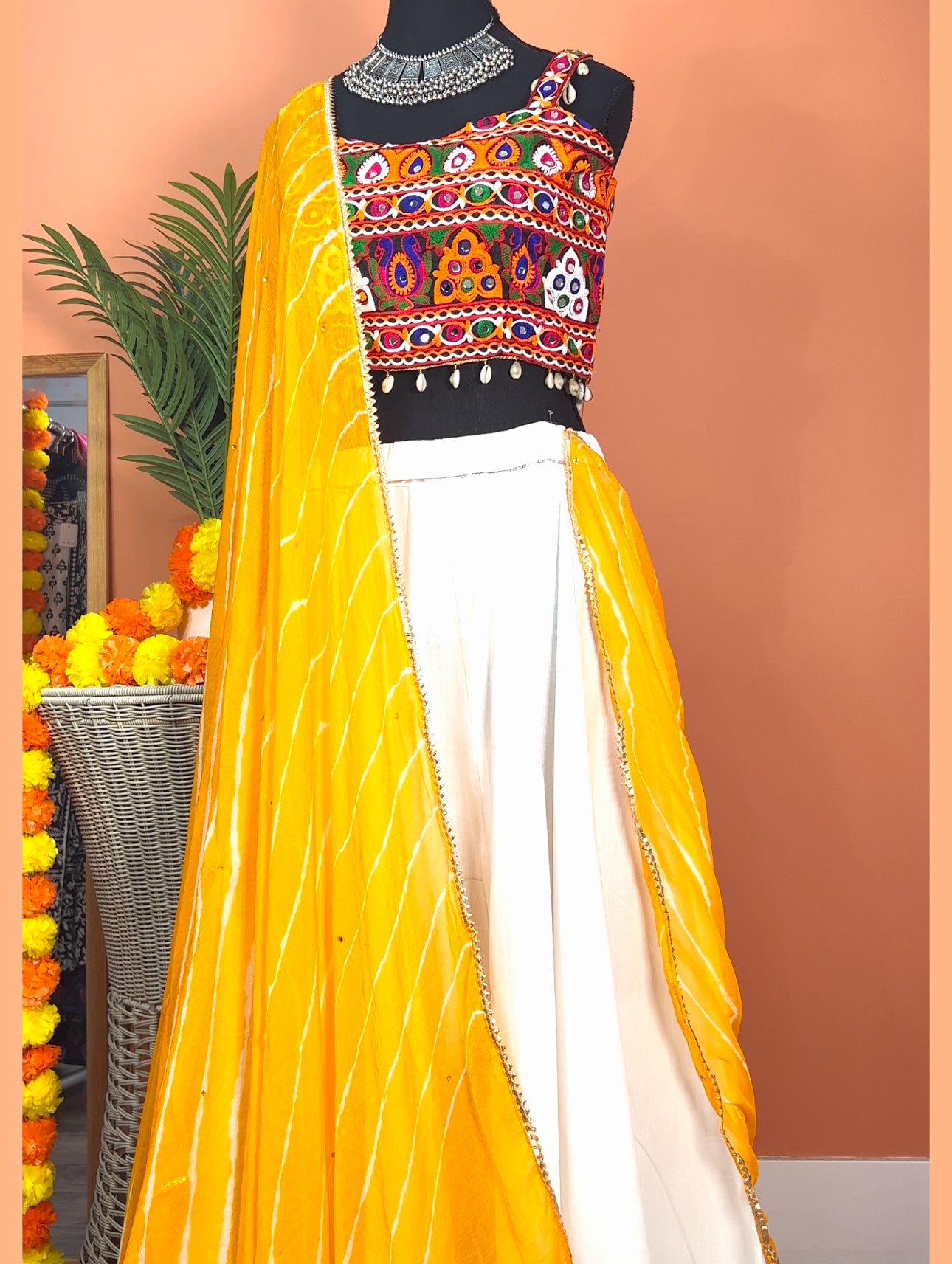 White Chaniya with Heavy Kutch Mirror Work Choli and Jaipuri Dupatta - Femantraa