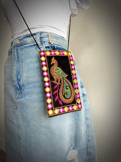 Boho style Kutch Work Waist Hangable Mobile Pouches-Black's - Femantraa