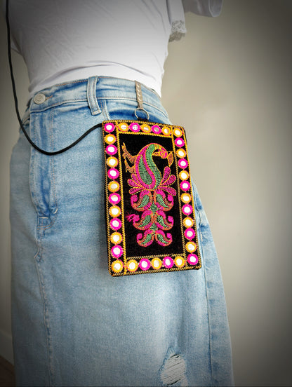 Boho style Kutch Work Waist Hangable Mobile Pouches-Black's - Femantraa