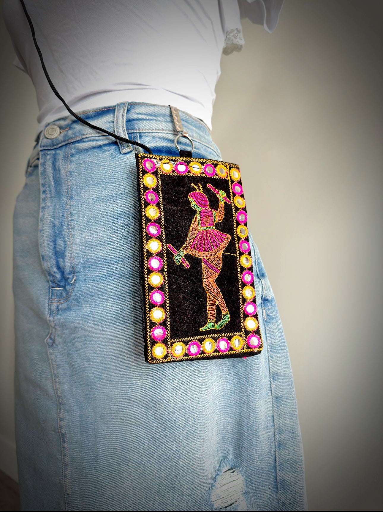 Boho style Kutch Work Waist Hangable Mobile Pouches-Black's - Femantraa