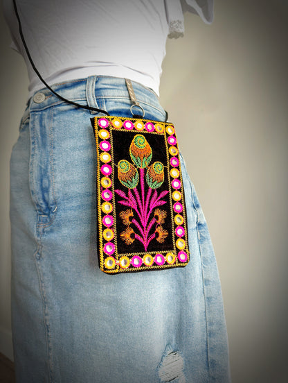 Boho style Kutch Work Waist Hangable Mobile Pouches-Black's - Femantraa