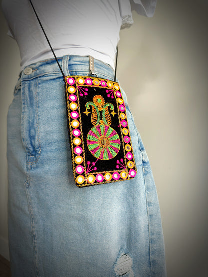 Boho style Kutch Work Waist Hangable Mobile Pouches-Black's - Femantraa