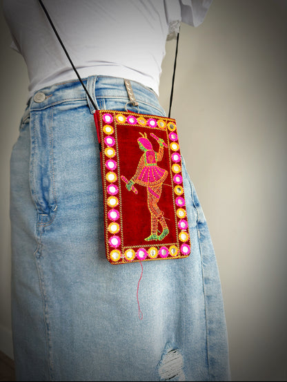 Boho style Kutch Work Waist Hangable Mobile Pouches-Dark Red's - Femantraa