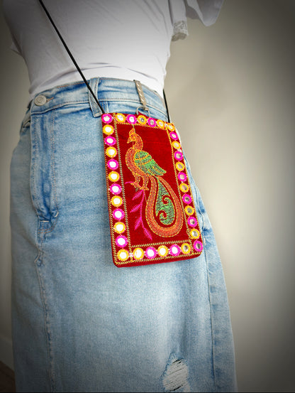 Boho style Kutch Work Waist Hangable Mobile Pouches-Dark Red's - Femantraa