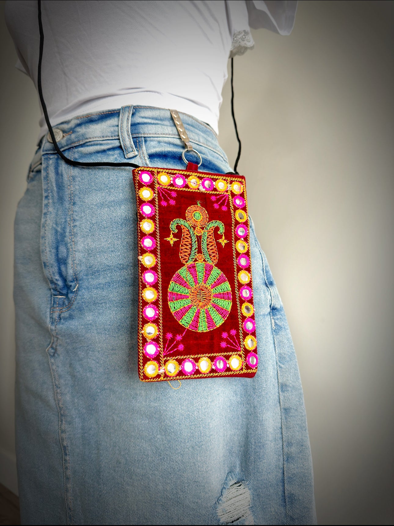 Boho style Kutch Work Waist Hangable Mobile Pouches-Dark Red's - Femantraa