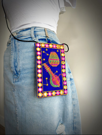 Boho style Kutch Work Waist Hangable Mobile Pouches-Blue's - Femantraa