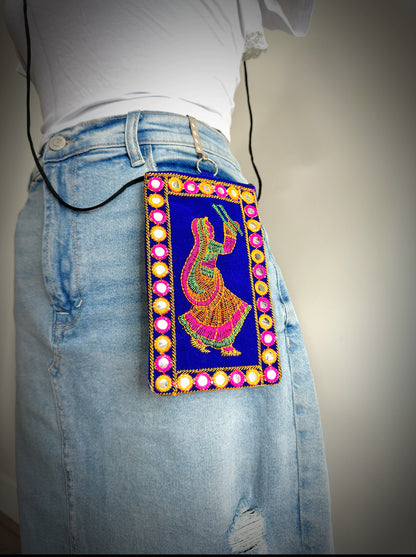 Boho style Kutch Work Waist Hangable Mobile Pouches-Blue's - Femantraa